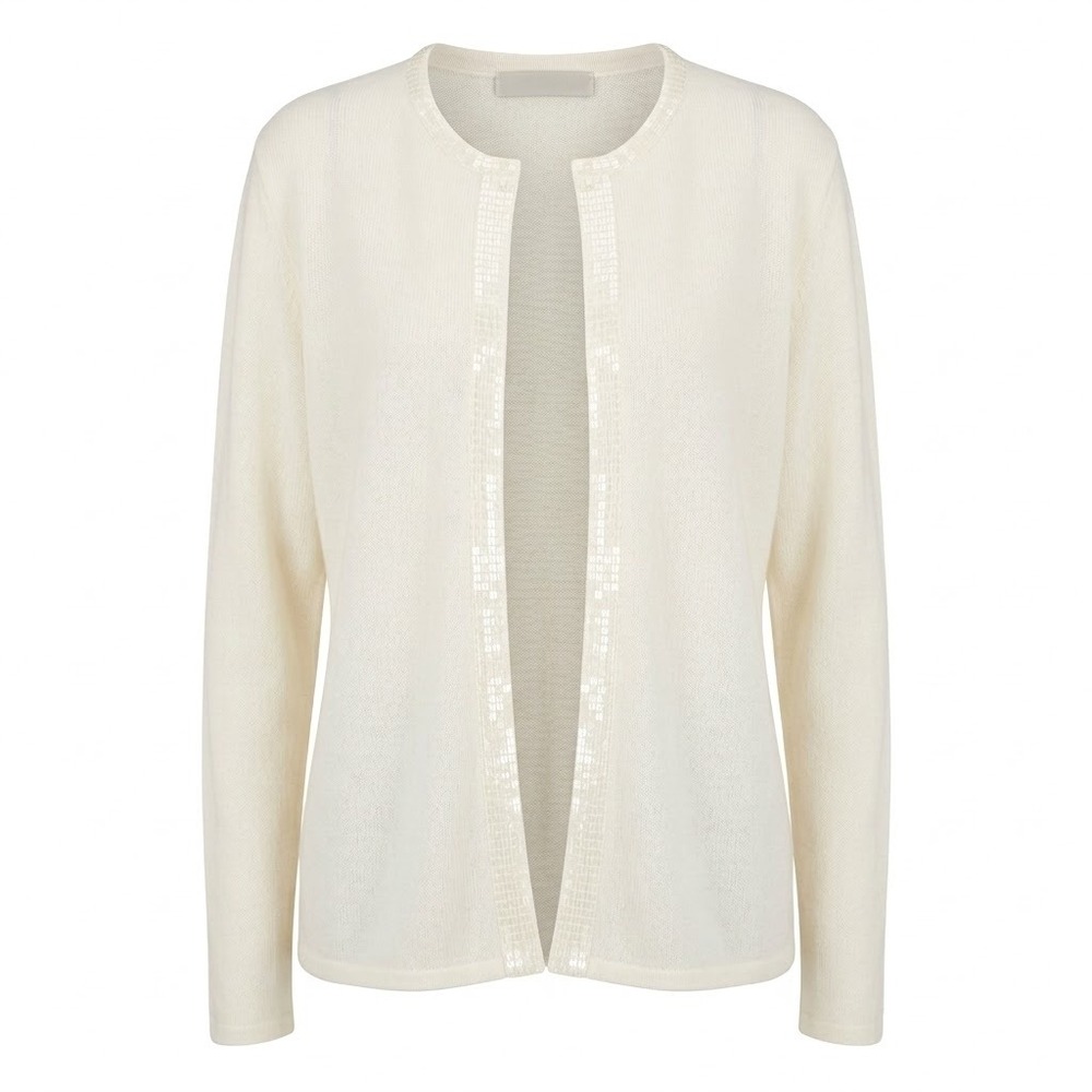 Designers Originals MEDIUM Ivory Sequin Trim Open Front Cardigan‎ Sweater